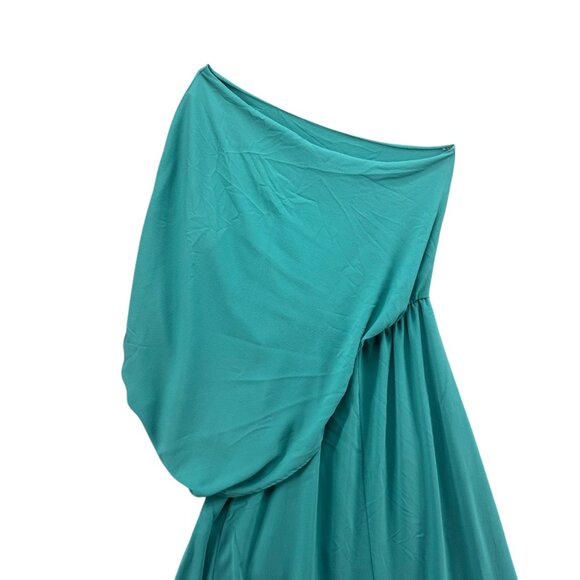 Tyche Grecian Goddess Maxi Dress Teal Draped One Shoulder Formal Gown Size L - Picture 12 of 12